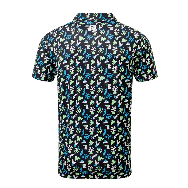 FOOTJOY Jungle Leaves Lisle Men's Polo (Black/White/Pool) - Image 2