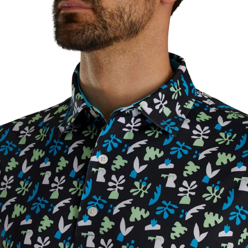 FOOTJOY Jungle Leaves Lisle Men's Polo (Black/White/Pool) - Image 3