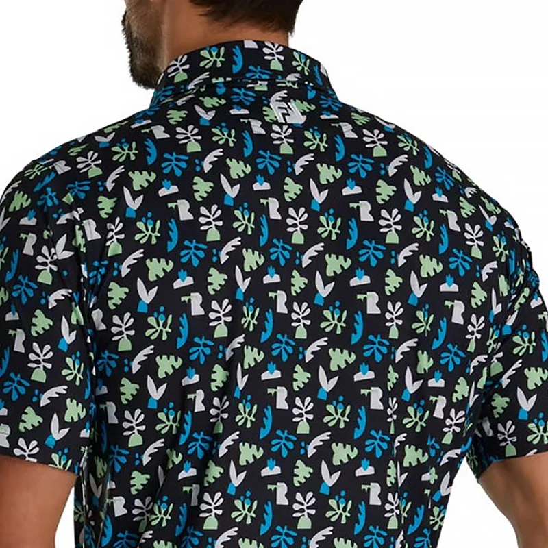 FOOTJOY Jungle Leaves Lisle Men's Polo (Black/White/Pool) - Image 4